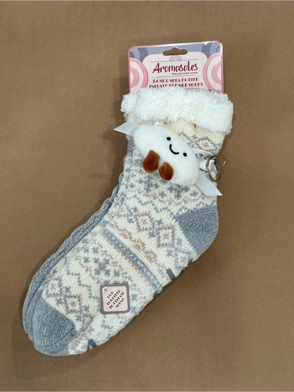 Aromasoles Rose & Shea Butter Infused Non-Skid Lounge Socks with Cloud Keyring
